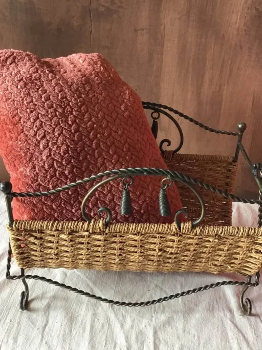 Vintage-Inspired Wicker & Metal Magazine Holder / Basket